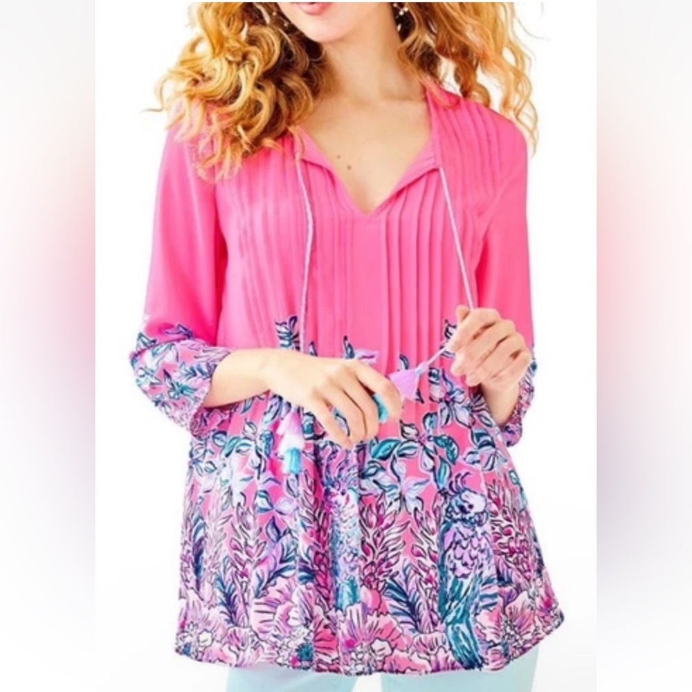 Lilly Pulitzer Marlina Pink Tropical Tunic Blouse, Size XXS, EUC